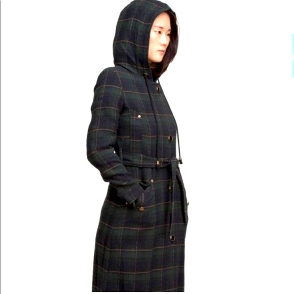 Free People Raw Hem Textured Hooded Plaid Maxi Coat with belt, gently used XS